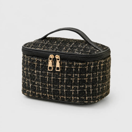Bolsa Necessaire Feminina de Tweed para Maquiagem, Cosméticos e Viagem