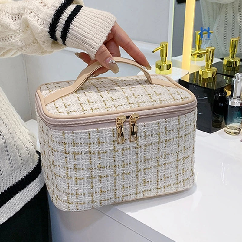 Bolsa Necessaire Feminina de Tweed para Maquiagem, Cosméticos e Viagem