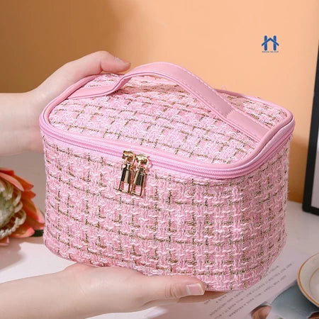 Bolsa Necessaire Feminina de Tweed para Maquiagem, Cosméticos e Viagem