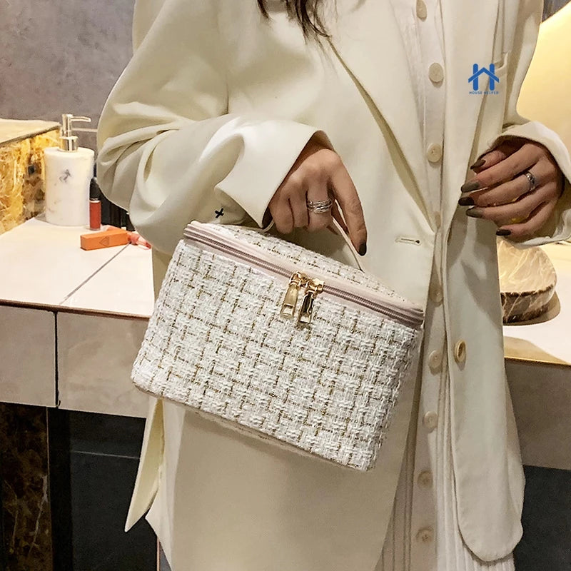 Bolsa Necessaire Feminina de Tweed para Maquiagem, Cosméticos e Viagem