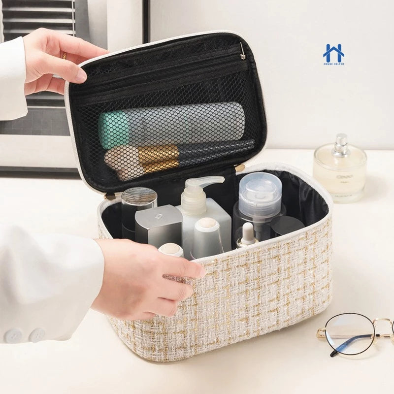 Bolsa Necessaire Feminina de Tweed para Maquiagem, Cosméticos e Viagem
