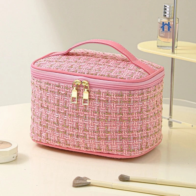 Bolsa Necessaire Feminina de Tweed para Maquiagem, Cosméticos e Viagem