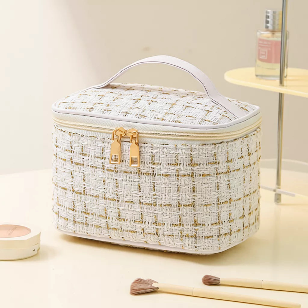 Bolsa Necessaire Feminina de Tweed para Maquiagem, Cosméticos e Viagem