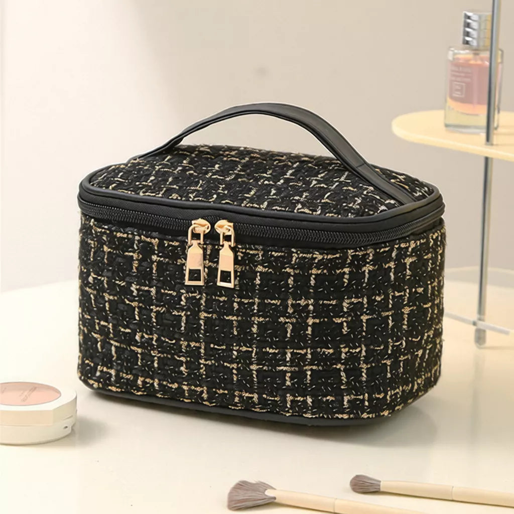 Bolsa Necessaire Feminina de Tweed para Maquiagem, Cosméticos e Viagem